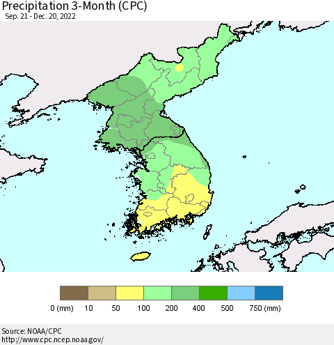 Korea Precipitation 3-Month (CPC) Thematic Map For 9/21/2022 - 12/20/2022