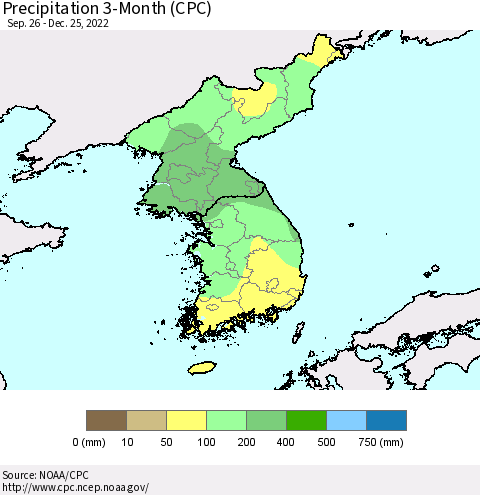 Korea Precipitation 3-Month (CPC) Thematic Map For 9/26/2022 - 12/25/2022