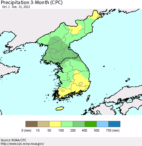 Korea Precipitation 3-Month (CPC) Thematic Map For 10/1/2022 - 12/31/2022