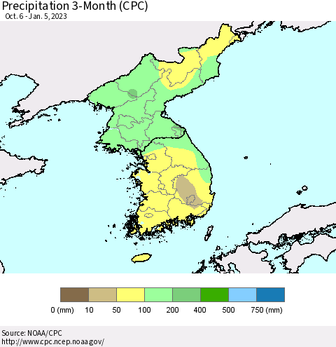 Korea Precipitation 3-Month (CPC) Thematic Map For 10/6/2022 - 1/5/2023