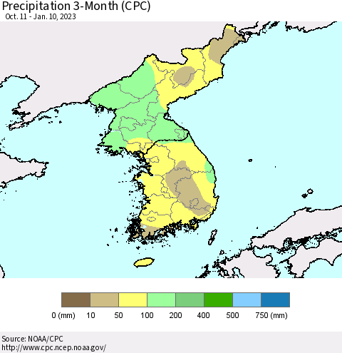 Korea Precipitation 3-Month (CPC) Thematic Map For 10/11/2022 - 1/10/2023