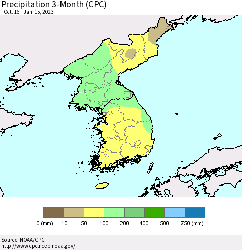 Korea Precipitation 3-Month (CPC) Thematic Map For 10/16/2022 - 1/15/2023