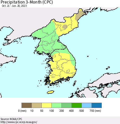 Korea Precipitation 3-Month (CPC) Thematic Map For 10/21/2022 - 1/20/2023
