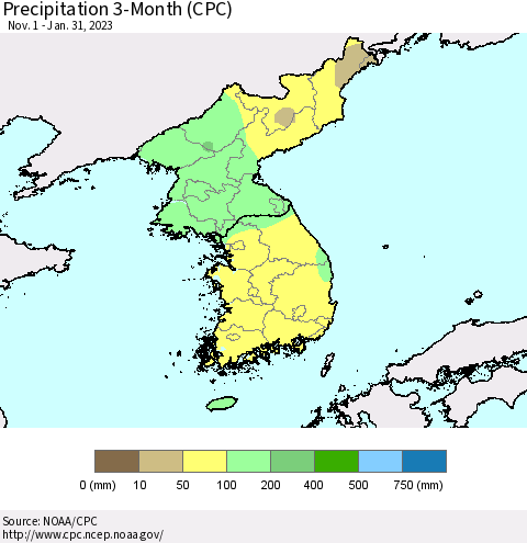 Korea Precipitation 3-Month (CPC) Thematic Map For 11/1/2022 - 1/31/2023