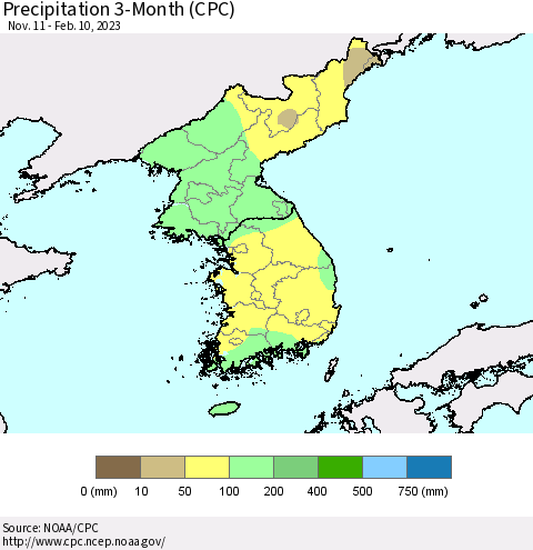 Korea Precipitation 3-Month (CPC) Thematic Map For 11/11/2022 - 2/10/2023