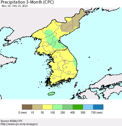 Korea Precipitation 3-Month (CPC) Thematic Map For 11/16/2022 - 2/15/2023