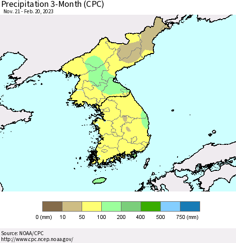 Korea Precipitation 3-Month (CPC) Thematic Map For 11/21/2022 - 2/20/2023