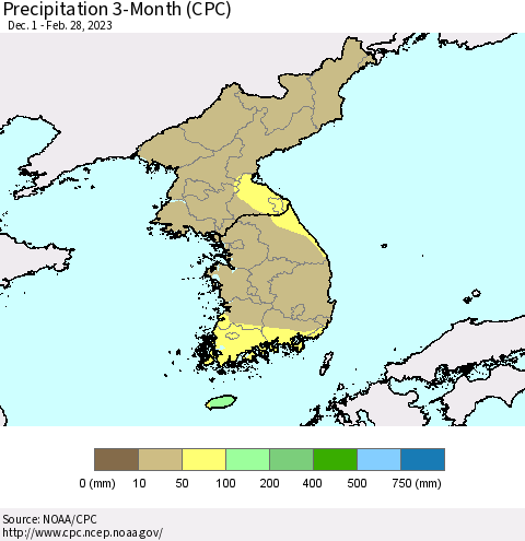 Korea Precipitation 3-Month (CPC) Thematic Map For 12/1/2022 - 2/28/2023