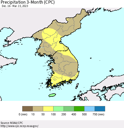Korea Precipitation 3-Month (CPC) Thematic Map For 12/16/2022 - 3/15/2023