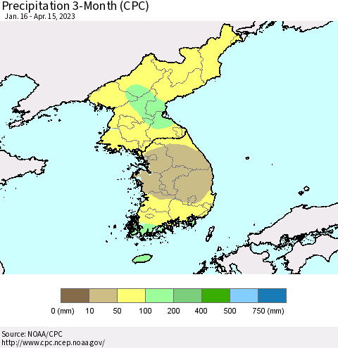 Korea Precipitation 3-Month (CPC) Thematic Map For 1/16/2023 - 4/15/2023