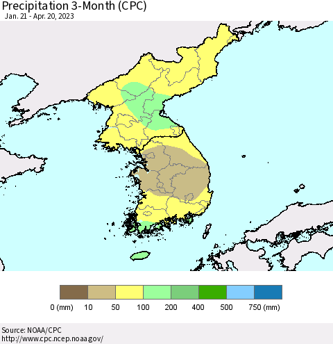 Korea Precipitation 3-Month (CPC) Thematic Map For 1/21/2023 - 4/20/2023