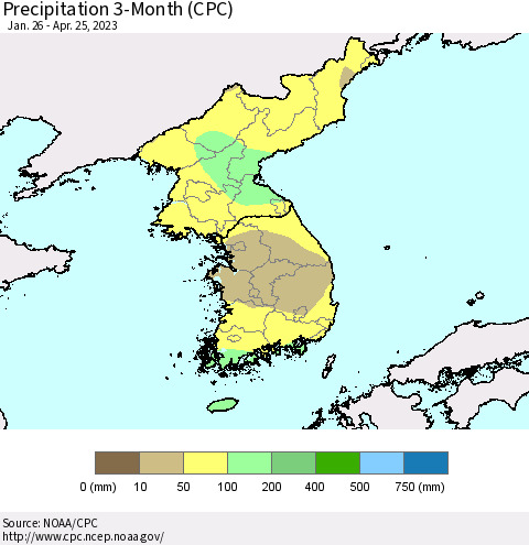 Korea Precipitation 3-Month (CPC) Thematic Map For 1/26/2023 - 4/25/2023