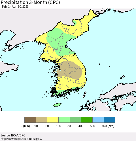 Korea Precipitation 3-Month (CPC) Thematic Map For 2/1/2023 - 4/30/2023
