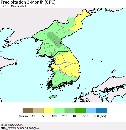 Korea Precipitation 3-Month (CPC) Thematic Map For 2/6/2023 - 5/5/2023
