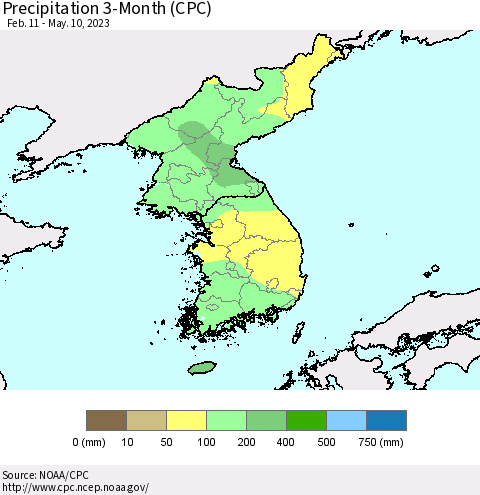 Korea Precipitation 3-Month (CPC) Thematic Map For 2/11/2023 - 5/10/2023