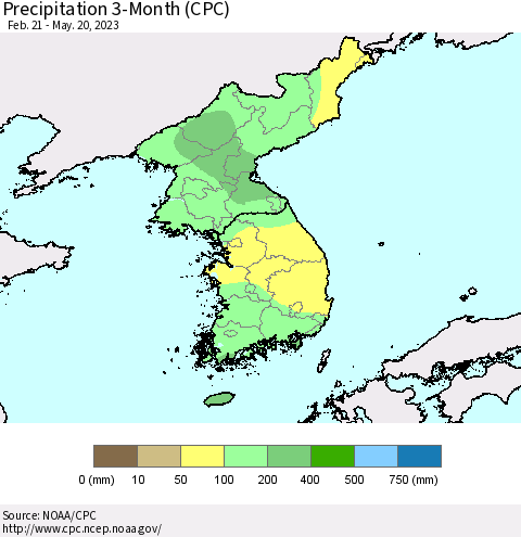 Korea Precipitation 3-Month (CPC) Thematic Map For 2/21/2023 - 5/20/2023