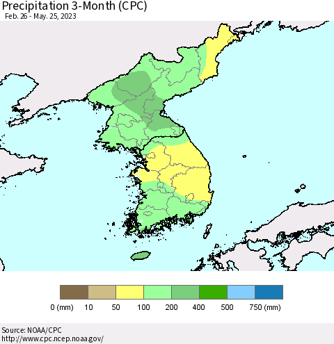 Korea Precipitation 3-Month (CPC) Thematic Map For 2/26/2023 - 5/25/2023