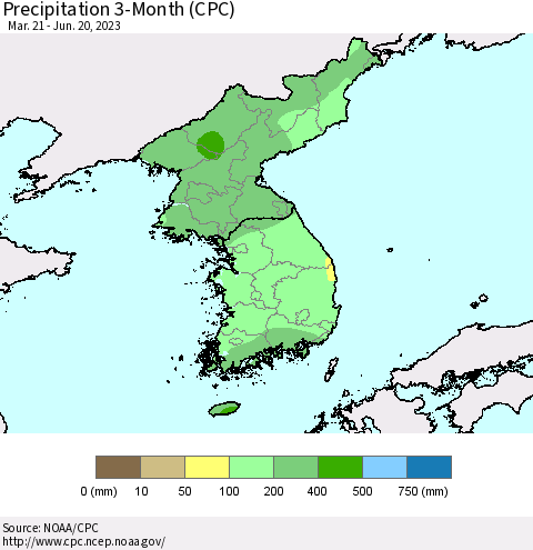 Korea Precipitation 3-Month (CPC) Thematic Map For 3/21/2023 - 6/20/2023