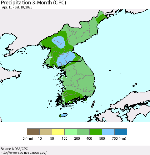 Korea Precipitation 3-Month (CPC) Thematic Map For 4/11/2023 - 7/10/2023