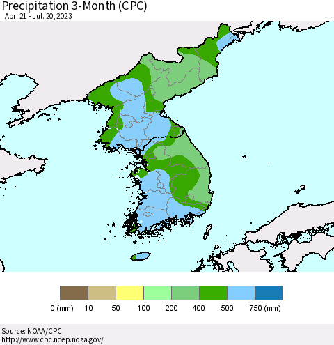 Korea Precipitation 3-Month (CPC) Thematic Map For 4/21/2023 - 7/20/2023