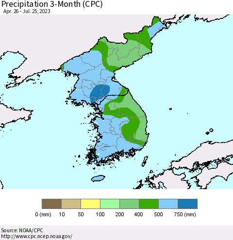 Korea Precipitation 3-Month (CPC) Thematic Map For 4/26/2023 - 7/25/2023