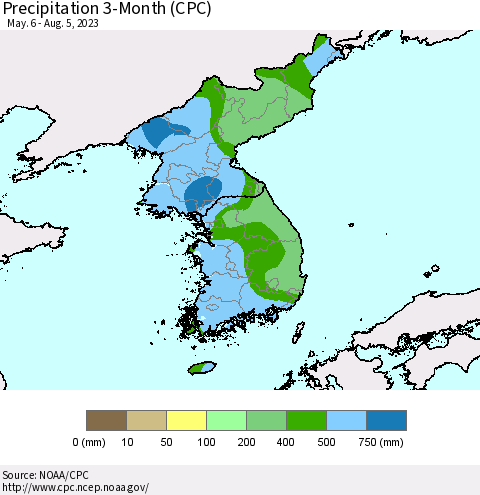 Korea Precipitation 3-Month (CPC) Thematic Map For 5/6/2023 - 8/5/2023