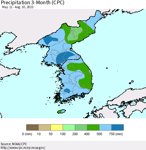 Korea Precipitation 3-Month (CPC) Thematic Map For 5/11/2023 - 8/10/2023