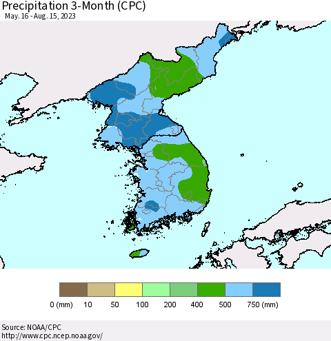 Korea Precipitation 3-Month (CPC) Thematic Map For 5/16/2023 - 8/15/2023