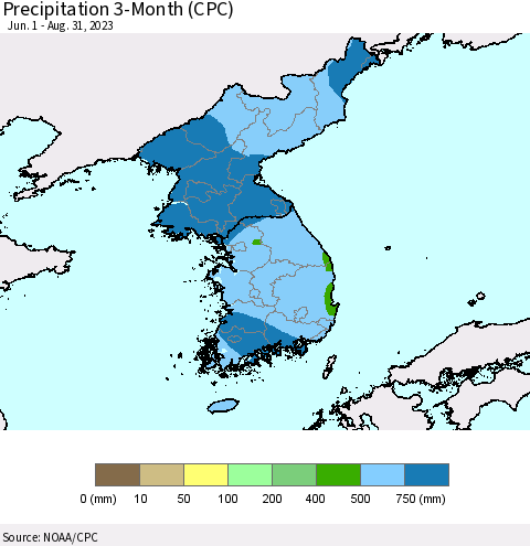 Korea Precipitation 3-Month (CPC) Thematic Map For 6/1/2023 - 8/31/2023