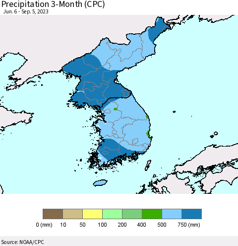 Korea Precipitation 3-Month (CPC) Thematic Map For 6/6/2023 - 9/5/2023