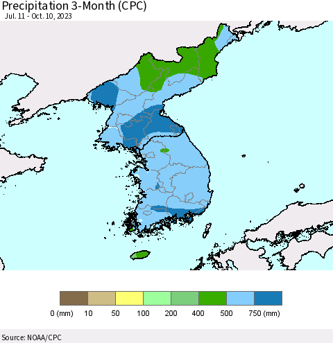 Korea Precipitation 3-Month (CPC) Thematic Map For 7/11/2023 - 10/10/2023