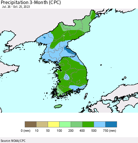 Korea Precipitation 3-Month (CPC) Thematic Map For 7/26/2023 - 10/25/2023