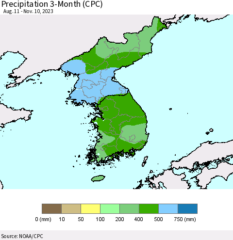 Korea Precipitation 3-Month (CPC) Thematic Map For 8/11/2023 - 11/10/2023