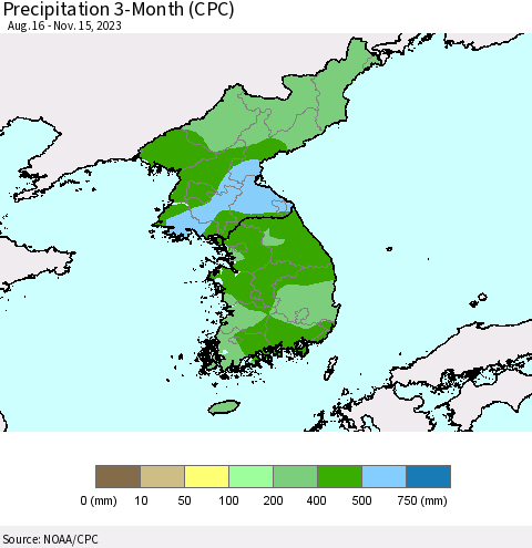 Korea Precipitation 3-Month (CPC) Thematic Map For 8/16/2023 - 11/15/2023