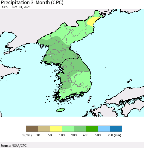 Korea Precipitation 3-Month (CPC) Thematic Map For 10/1/2023 - 12/31/2023
