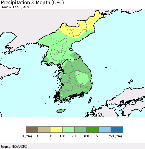 Korea Precipitation 3-Month (CPC) Thematic Map For 11/6/2023 - 2/5/2024