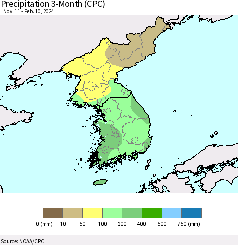 Korea Precipitation 3-Month (CPC) Thematic Map For 11/11/2023 - 2/10/2024