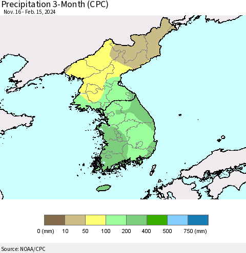 Korea Precipitation 3-Month (CPC) Thematic Map For 11/16/2023 - 2/15/2024