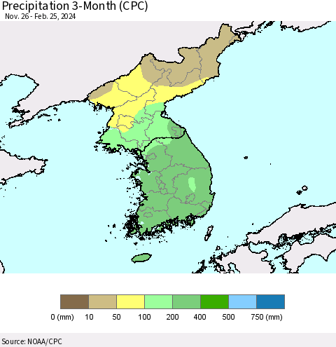 Korea Precipitation 3-Month (CPC) Thematic Map For 11/26/2023 - 2/25/2024