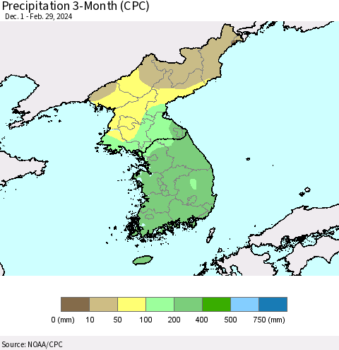 Korea Precipitation 3-Month (CPC) Thematic Map For 12/1/2023 - 2/29/2024