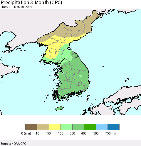 Korea Precipitation 3-Month (CPC) Thematic Map For 12/11/2023 - 3/10/2024