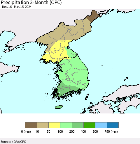 Korea Precipitation 3-Month (CPC) Thematic Map For 12/16/2023 - 3/15/2024