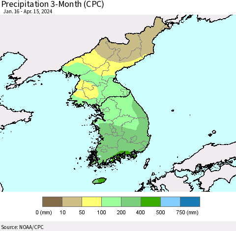 Korea Precipitation 3-Month (CPC) Thematic Map For 1/16/2024 - 4/15/2024