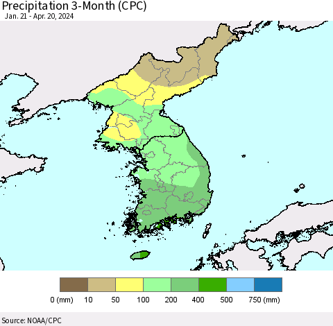 Korea Precipitation 3-Month (CPC) Thematic Map For 1/21/2024 - 4/20/2024
