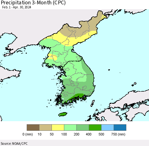 Korea Precipitation 3-Month (CPC) Thematic Map For 2/1/2024 - 4/30/2024