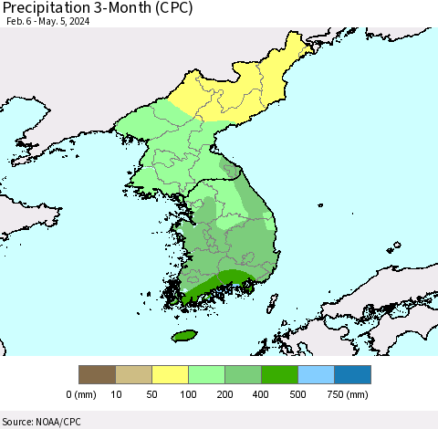Korea Precipitation 3-Month (CPC) Thematic Map For 2/6/2024 - 5/5/2024