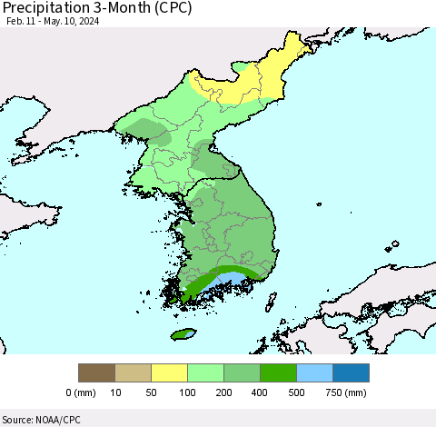 Korea Precipitation 3-Month (CPC) Thematic Map For 2/11/2024 - 5/10/2024