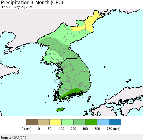 Korea Precipitation 3-Month (CPC) Thematic Map For 2/21/2024 - 5/20/2024