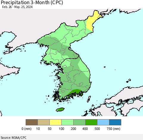 Korea Precipitation 3-Month (CPC) Thematic Map For 2/26/2024 - 5/25/2024