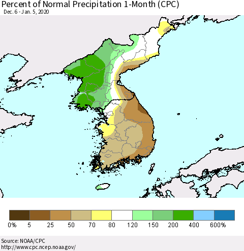 Korea Percent of Normal Precipitation 1-Month (CPC) Thematic Map For 12/6/2019 - 1/5/2020